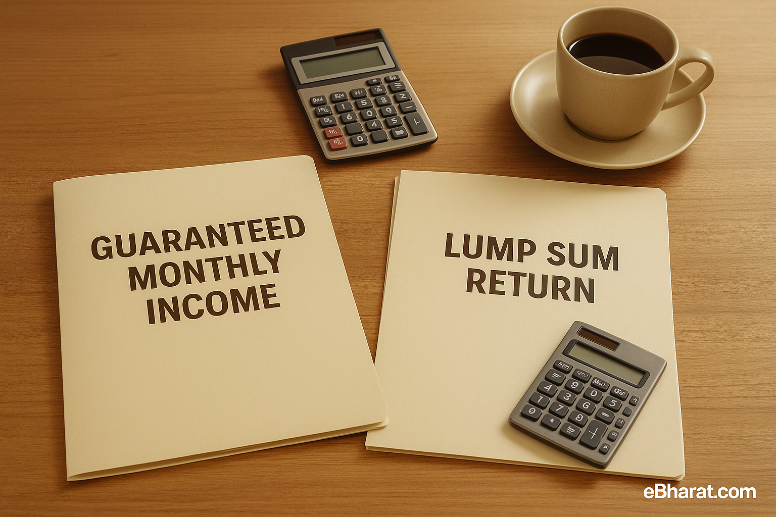 Folders representing monthly income and maturity payout options of HDFC Life Sanchay Plus — visual breakdown of plan types.