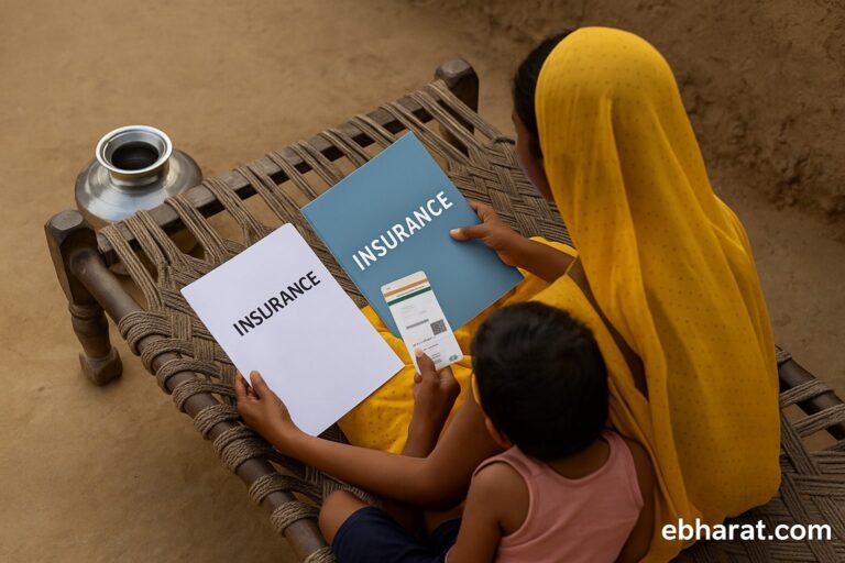 “Rural Indian woman sitting on a charpai reviewing insurance documents and Aadhaar card, with a child nearby and a steel water pot in the background — natural lighting and authentic village setting, no faces visible.”