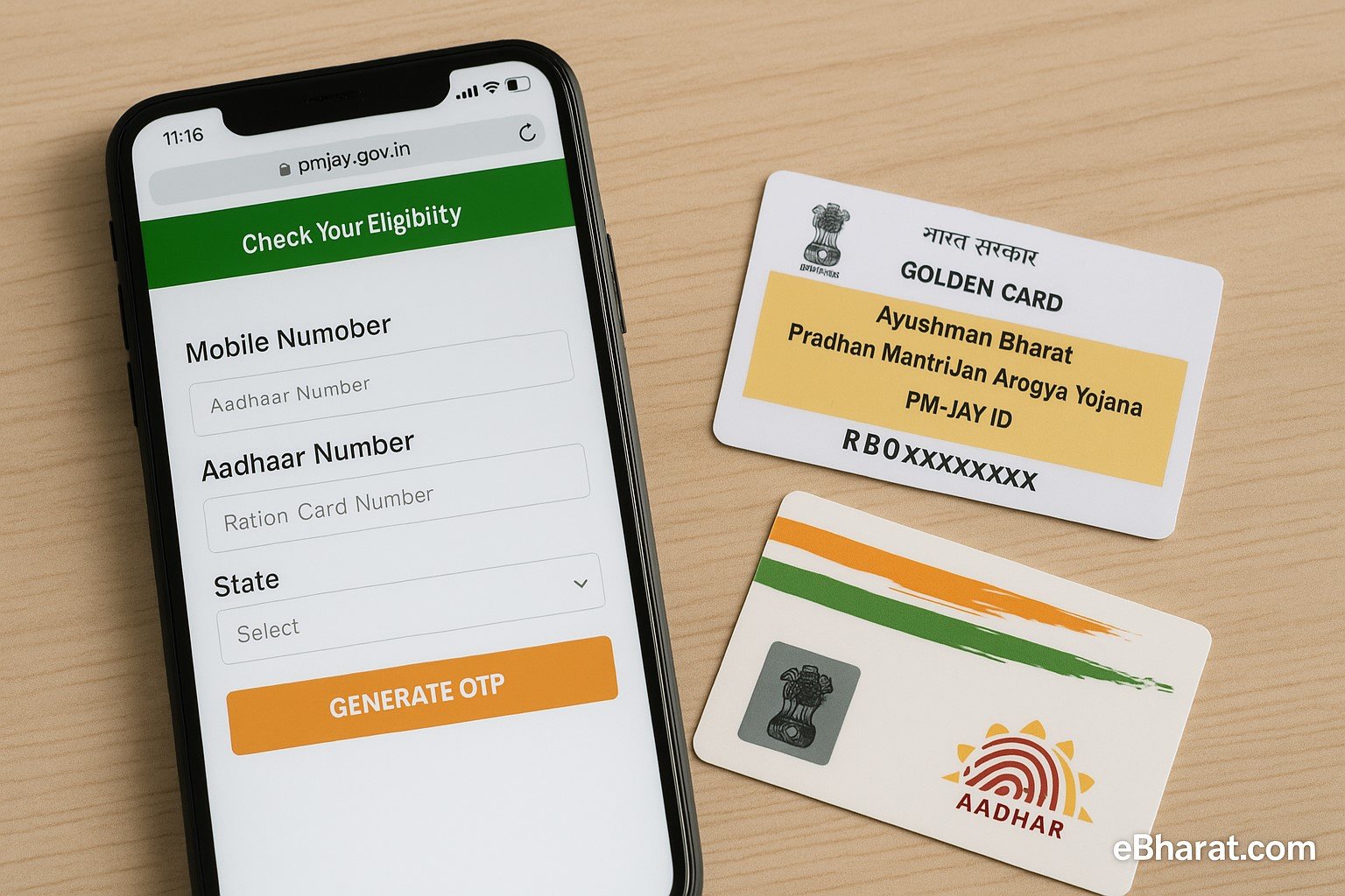 Ayushman Bharat eligibility check on mobile with printed Golden Card and Aadhaar nearby.