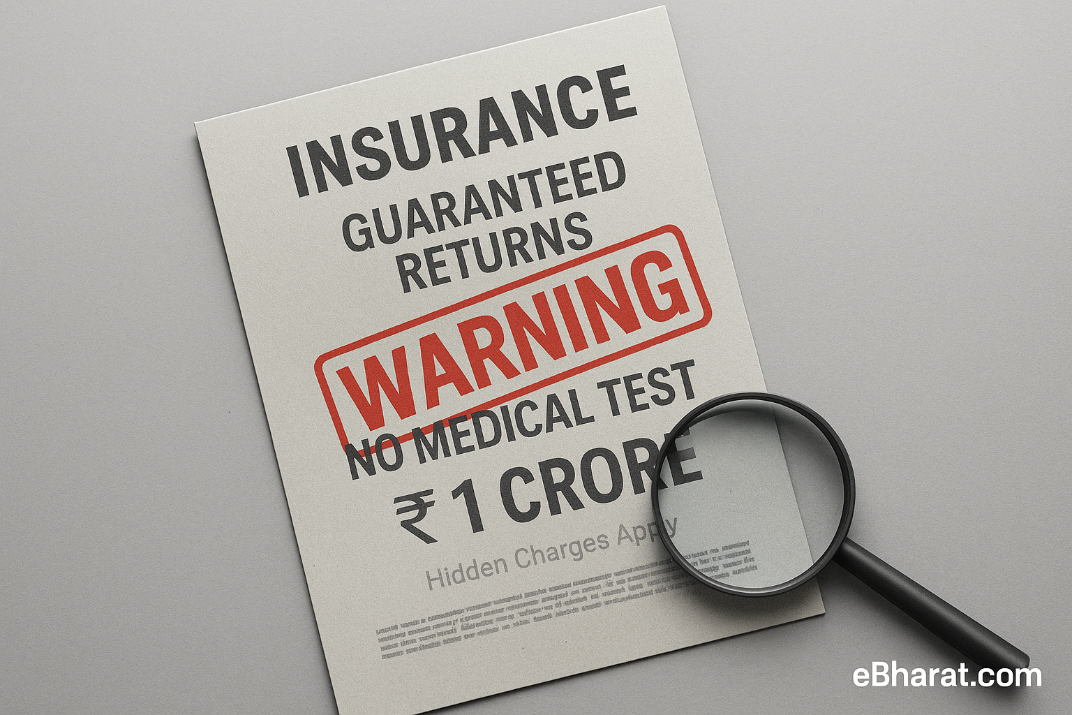 Misleading insurance sales flyer with exaggerated claims — red flag warning visual.
