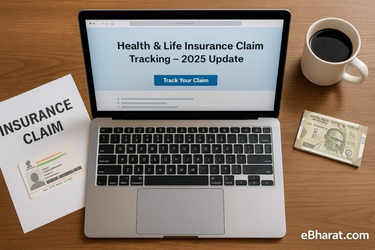 “Top-down view of a tidy workspace featuring a laptop showing an insurance claim status screen, a folder labeled ‘Health Insurance’, and a mobile phone with notification icons — clean, professional layout with no human presence.”
