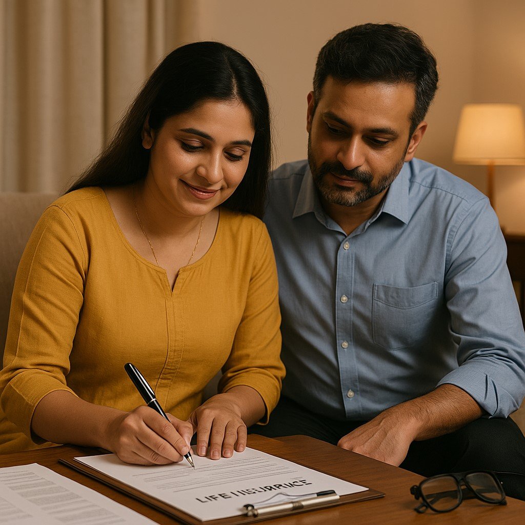 Indian housewife signing a life insurance form with her spouse — getting insured without income proof.