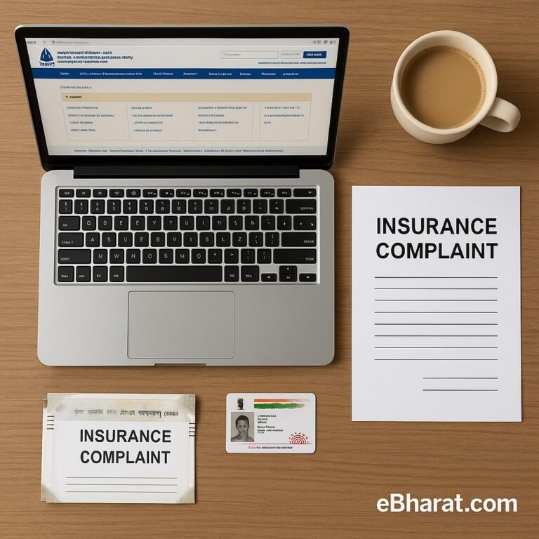 “Indian policyholder filing an online complaint on IRDAI portal using a laptop — health insurance documents and ID card on the table”