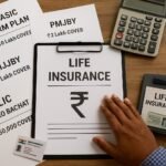 A photograph features a financial planning setup with labeled insurance folders and a ₹10 lakh term plan brochure on a modest desk. The scene includes a passbook, pen, and Aadhaar card — symbolizing insurance options for people earning ₹20K–₹30K monthly. No faces shown. eBharat.com watermark in the bottom-right.