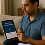 Indian man reviewing HDFC Life quarterly update and bonus history on a tablet — checking how performance affects his policy.