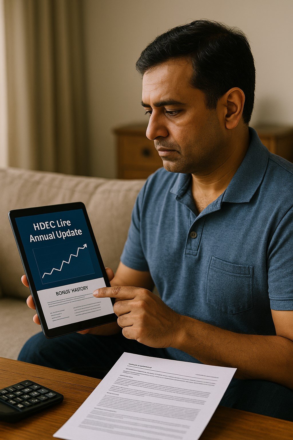 Indian man reviewing HDFC Life quarterly update and bonus history on a tablet — checking how performance affects his policy.
