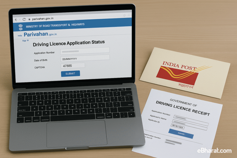 Driving licence tracking page open on laptop beside delivery envelope and DL receipt.