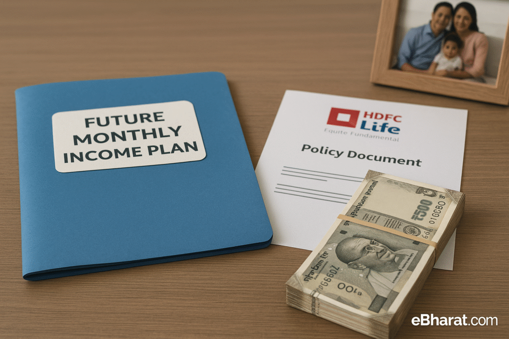 Flat lay of HDFC Life’s new savings policy documents beside monthly income visuals — symbolizing long-term financial planning.
