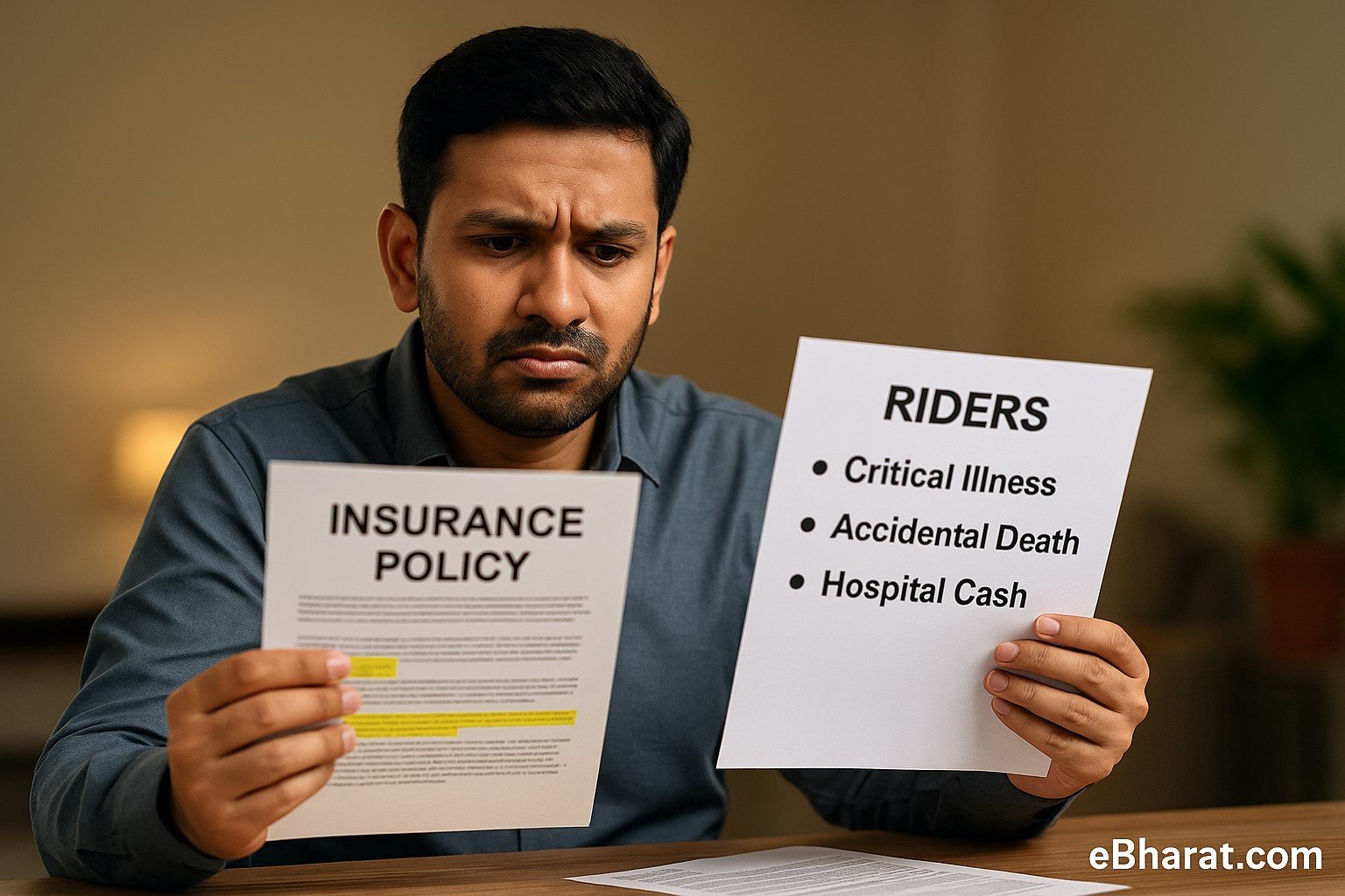 Indian man confused while reviewing multiple insurance riders in a term plan — unsure about what to select.