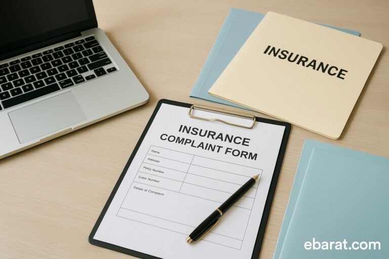 A neatly arranged office desk featuring a laptop, insurance documents, a printed complaint form, a pen, and a digital device — soft lighting and no human presence.