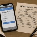 NREGA Job Card search screen on mobile, printed job card beside it — visual guide to online checking.