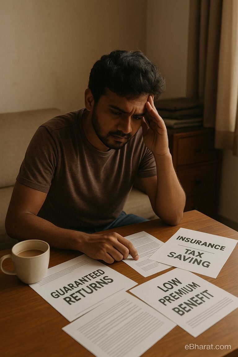 A confused middle-class Indian man reviewing scattered insurance brochures with misleading slogans like “Guaranteed Returns” and “Low Premium, High Benefit” — representing common myths in insurance buying.