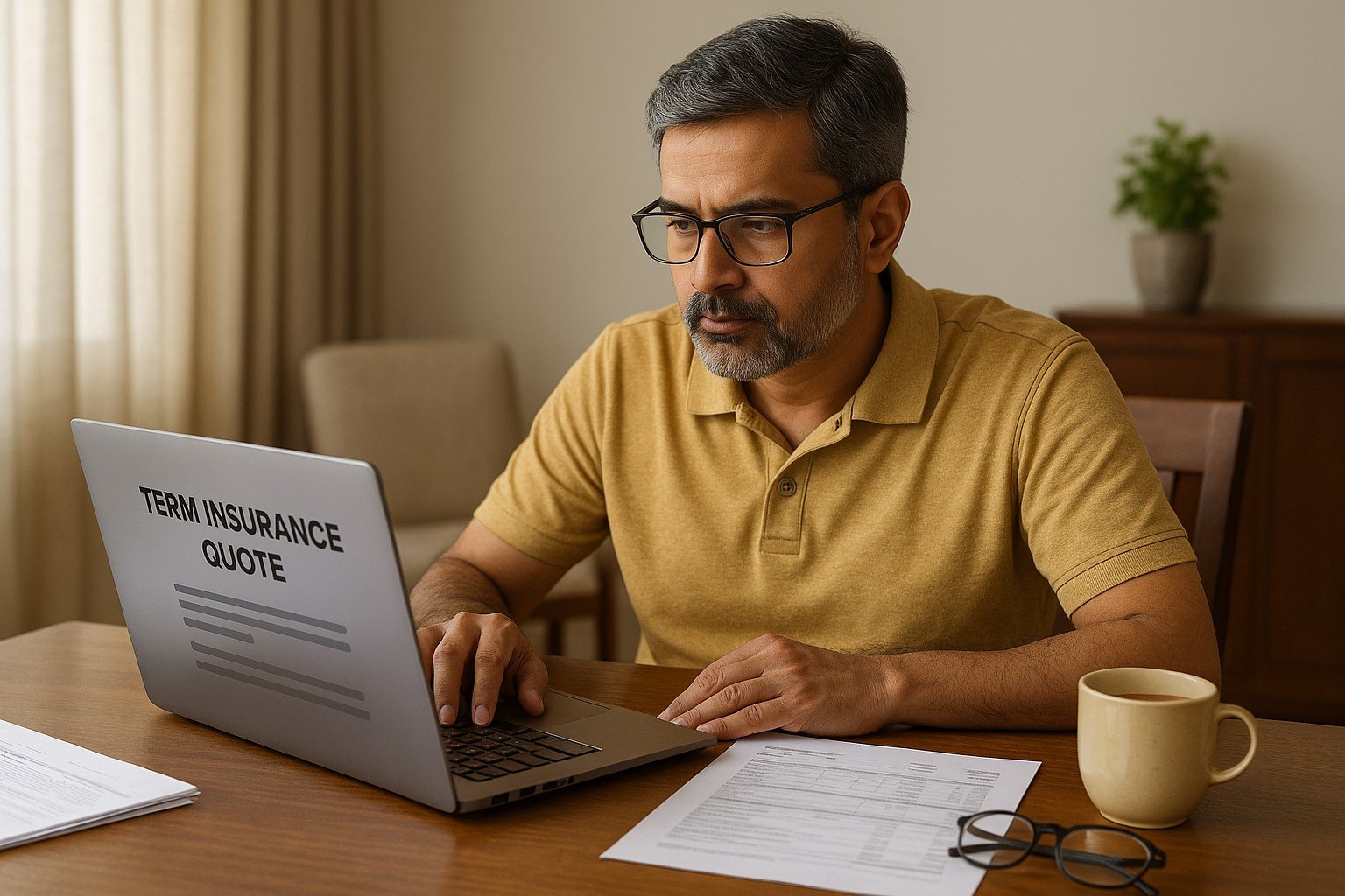 Indian man in his 40s checking term insurance premiums online — planning life cover after age 40.