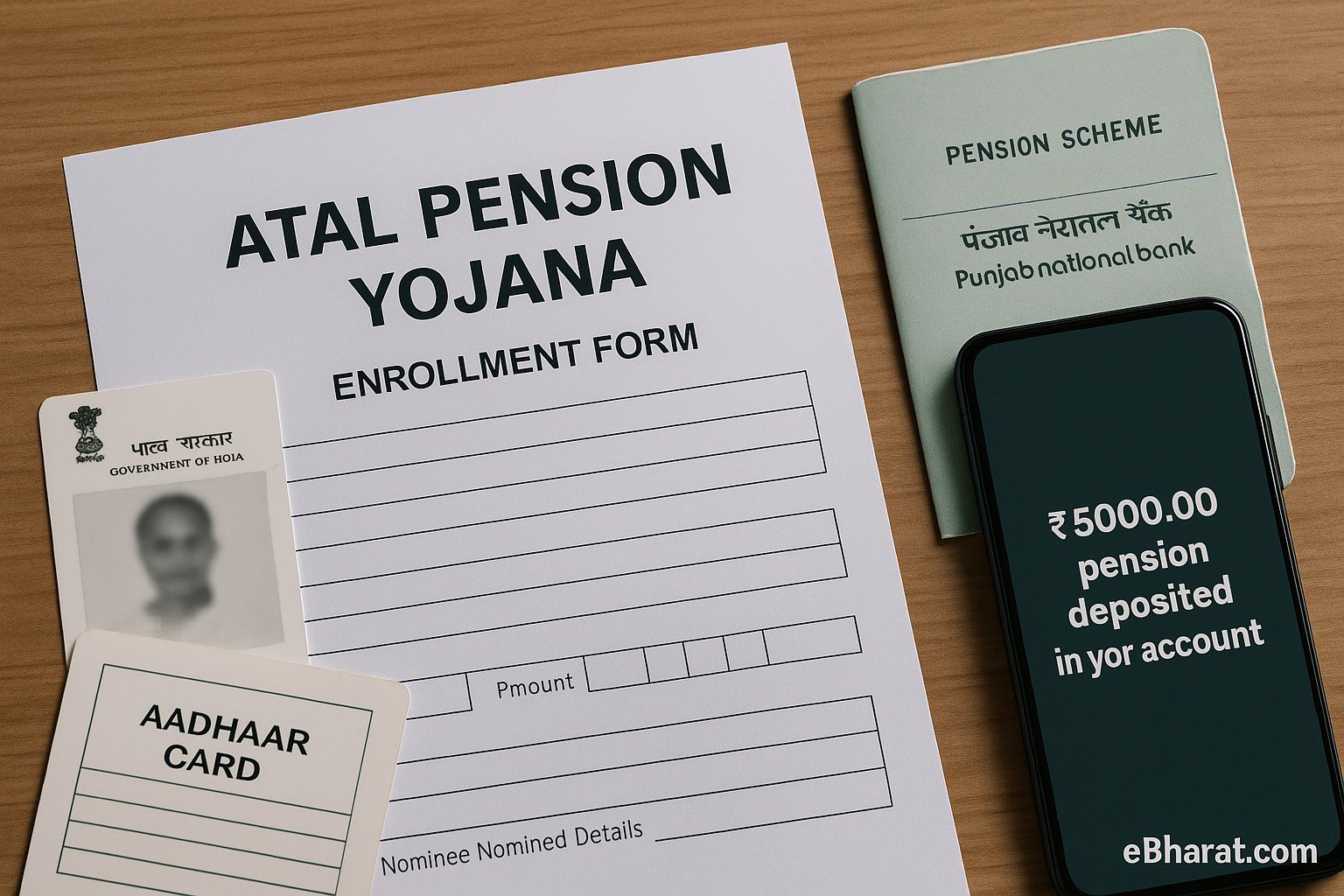 Atal Pension Yojana documents with Aadhaar, passbook, and phone showing pension deposit alert — 2025 setup.