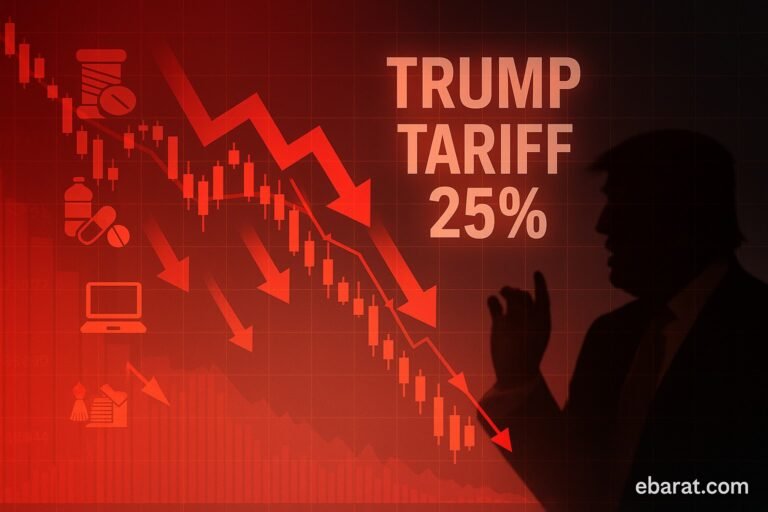 Stock market screen showing sharp decline with overlay text “Trump’s 25% Tariff” and visuals of Indian export icons falling