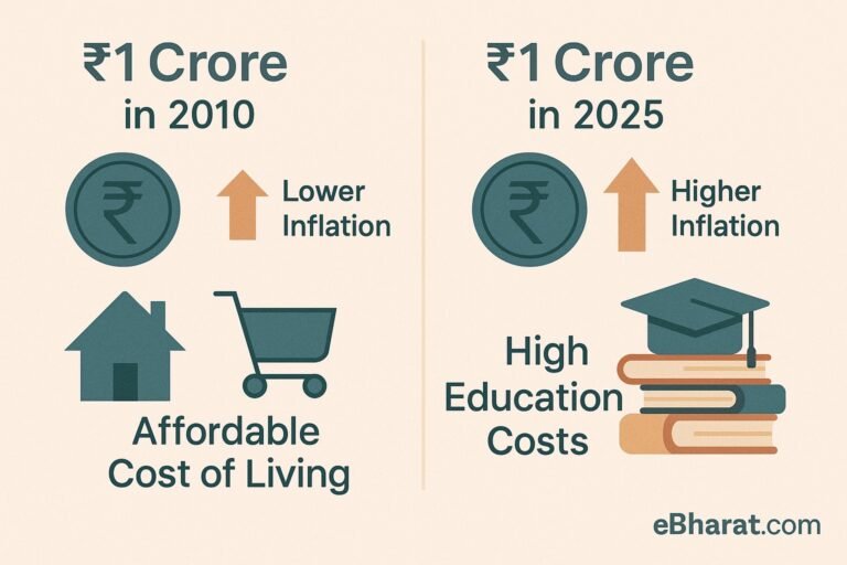 Infographic comparing value of ₹1 crore term insurance between 2010 and 2025 — impact of inflation on life cover.