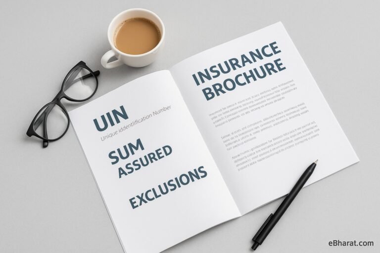 A clean desk with an opened insurance brochure showing highlighted terms like UIN, Sum Assured, and Exclusions — representing what to check before buying a policy.