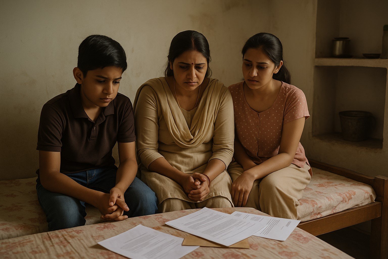 A modest Indian family in a small room looking concerned, symbolizing financial uncertainty without life insurance. A photo meant to reflect the emotional and practical impact of income loss.