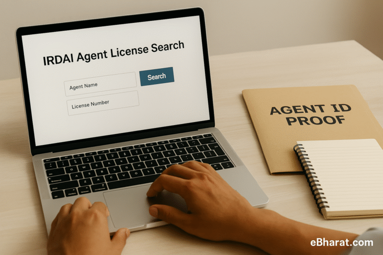 Indian policyholder verifying insurance agent license on IRDAI website — checking legitimacy before buying.