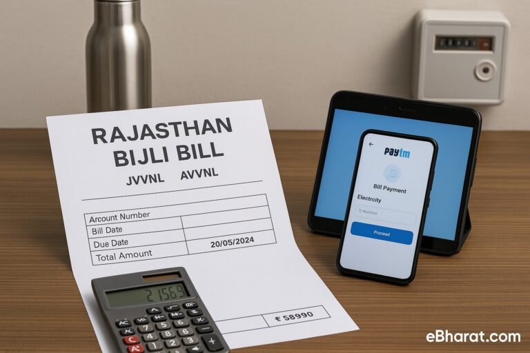Electricity bill payment setup for Rajasthan DISCOM — showing printed bill, phone screen, and payment tools.