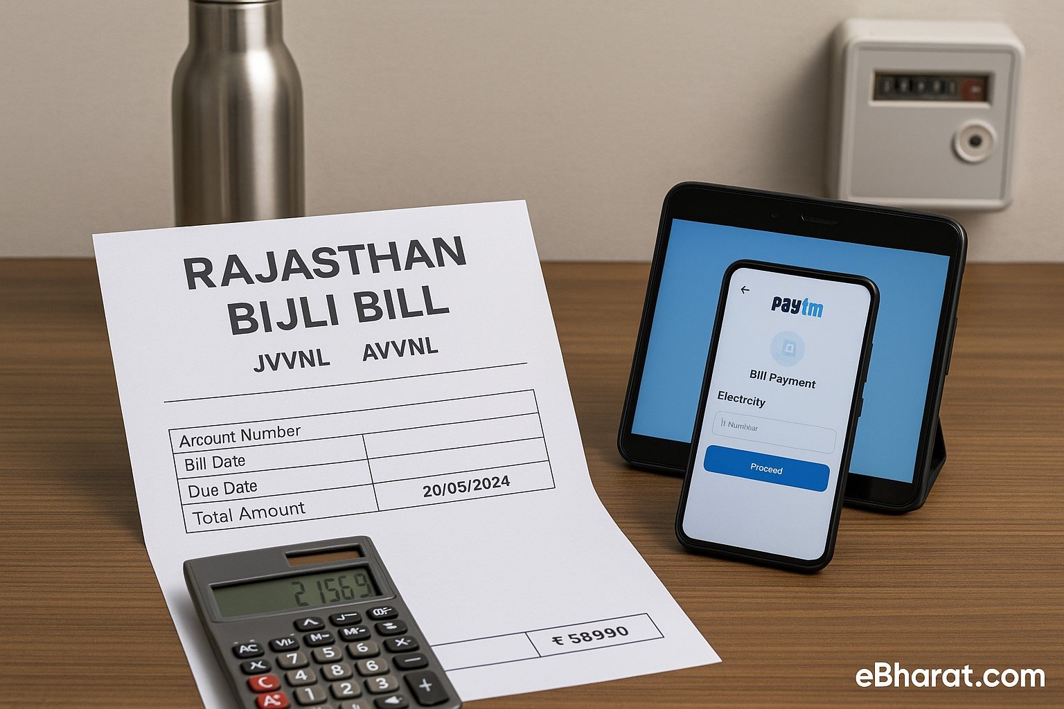 Electricity bill payment setup for Rajasthan DISCOM — showing printed bill, phone screen, and payment tools.