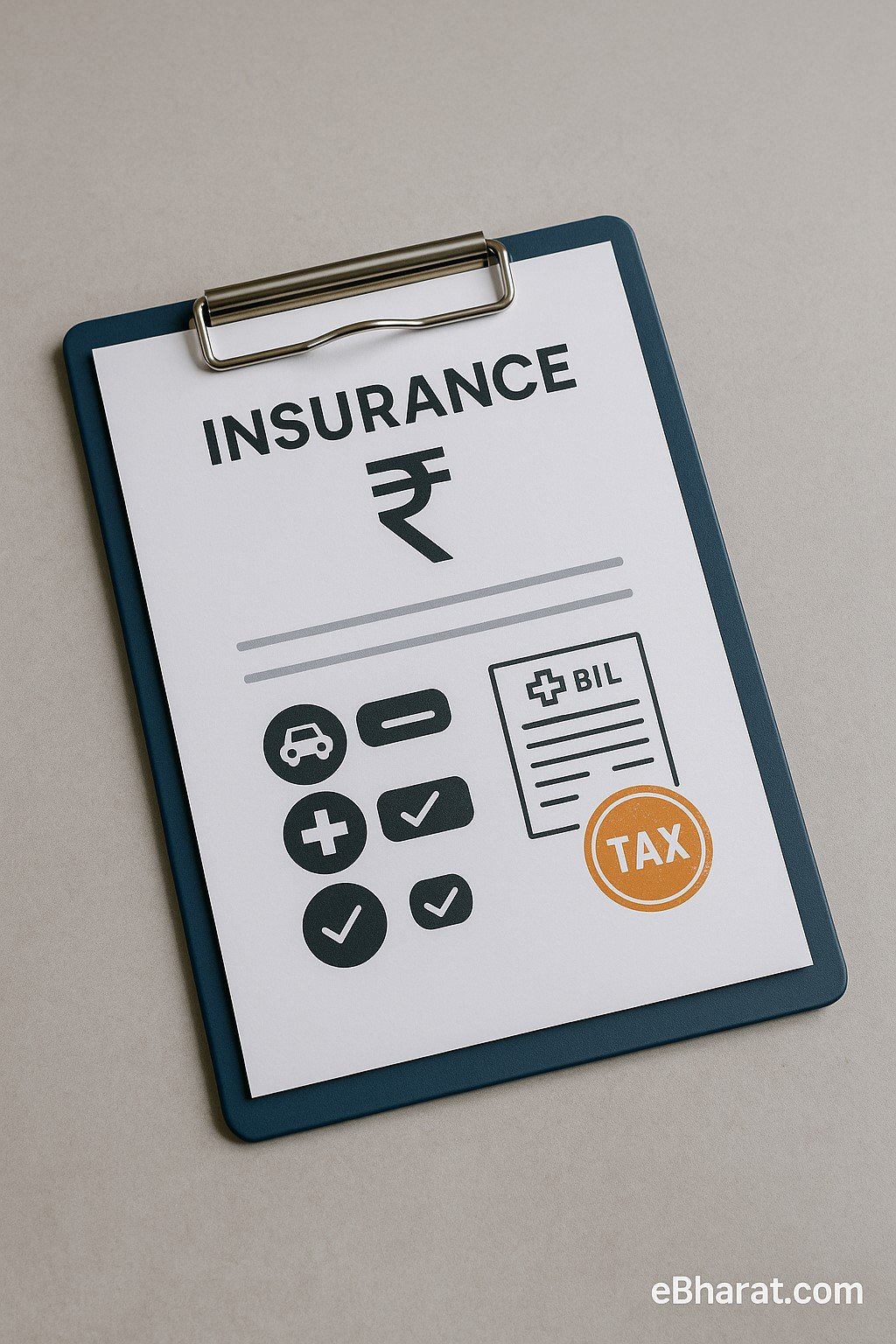 Insurance policy document with ₹ sign, rider icons, and medical/tax symbols on a clipboard