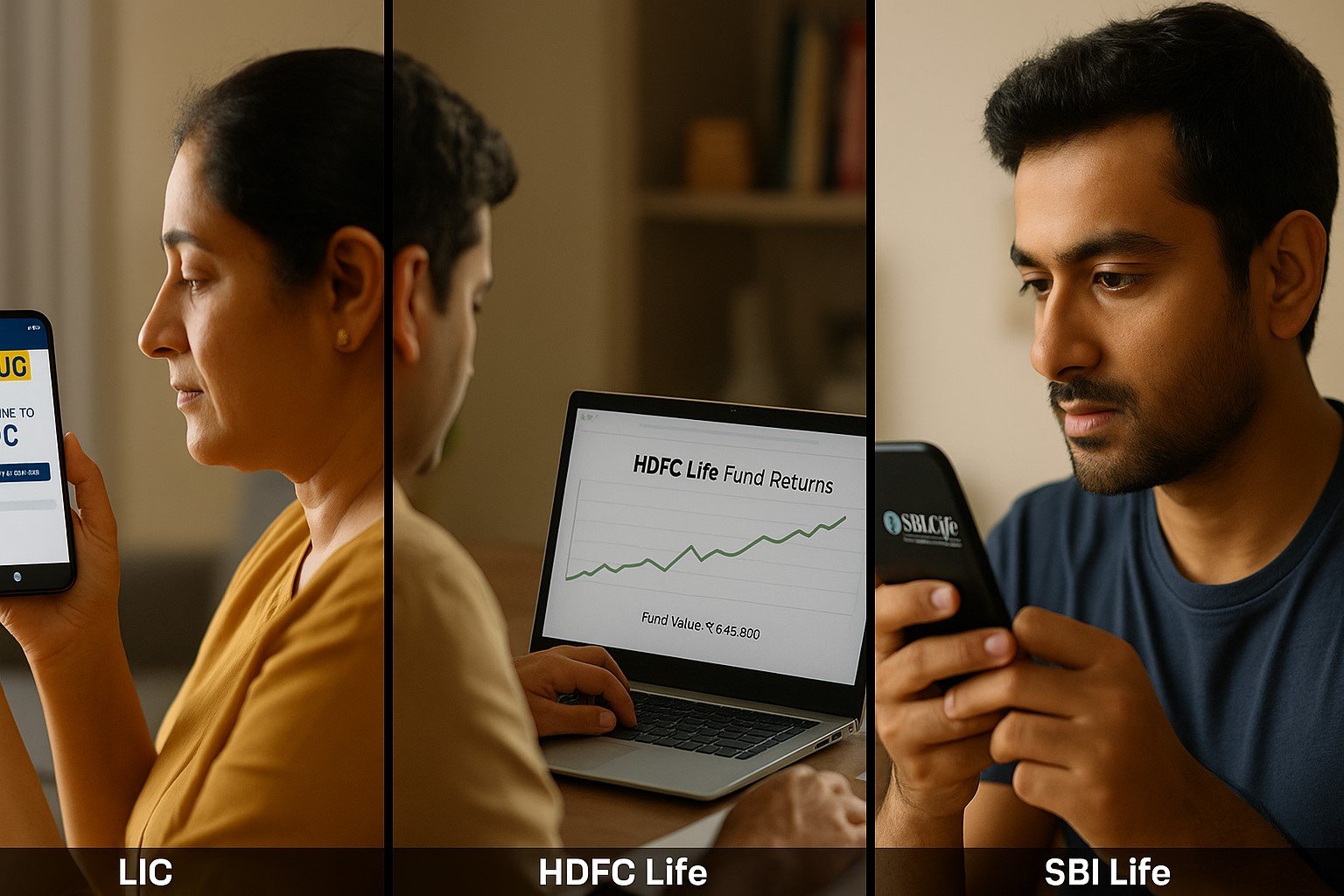 Indian life insurance policyholders using LIC, HDFC Life, and SBI Life’s latest digital services — tracking plans, claims, and bonuses in 2025.