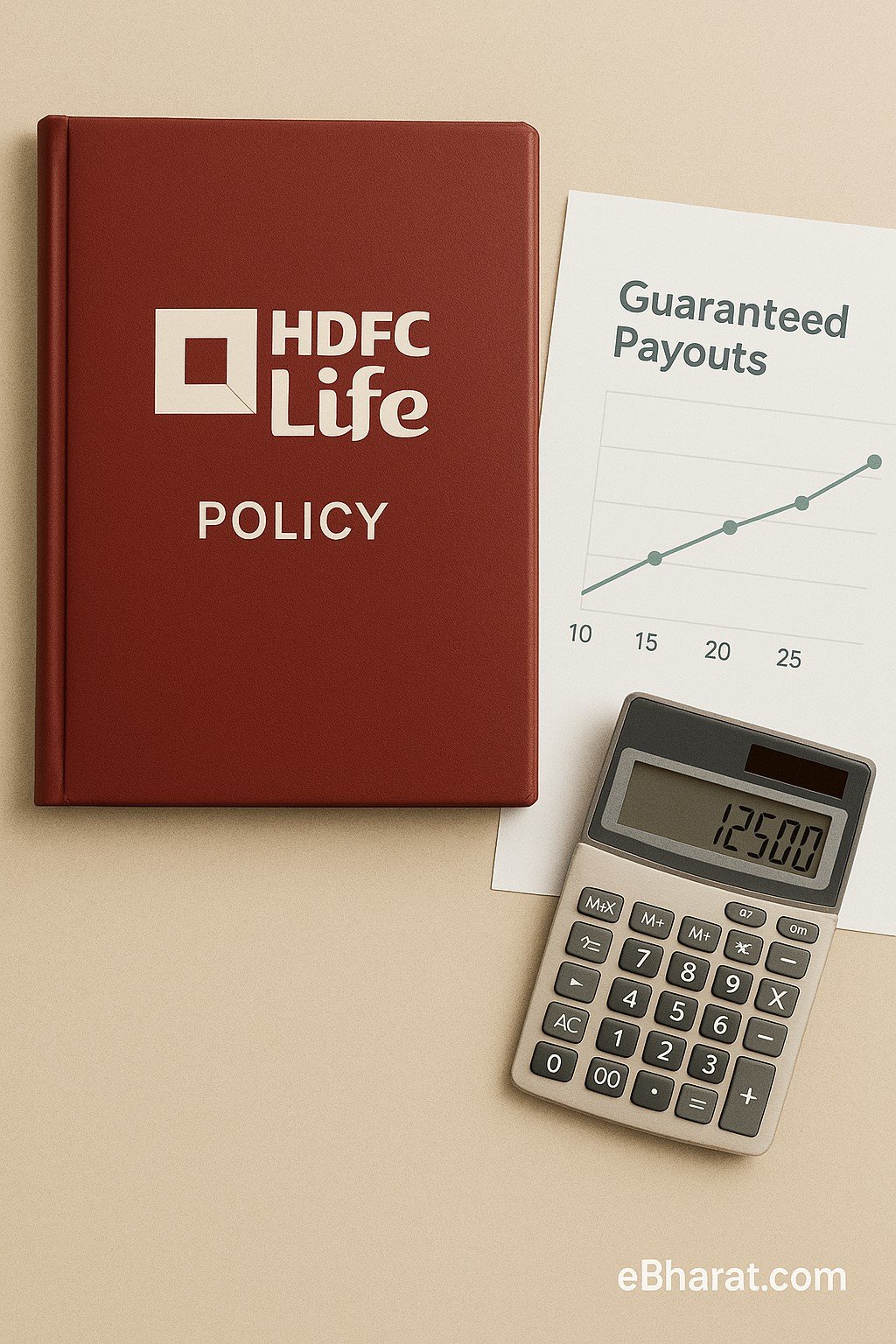 HDFC Life insurance folder with payout chart and calculator