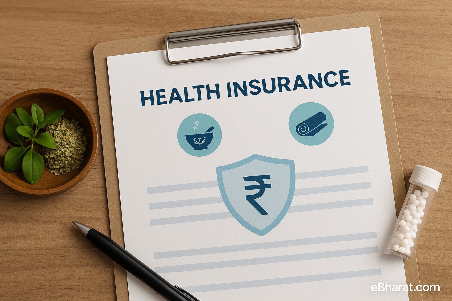 AYUSH health insurance concept with traditional Indian medicine tools