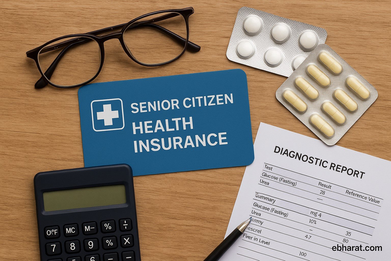 Senior citizen health insurance card with medical items on desk