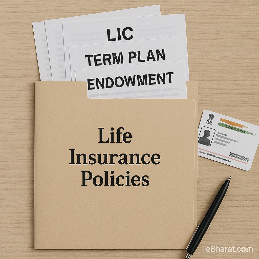 Folder with multiple life insurance policy papers including LIC and term plans