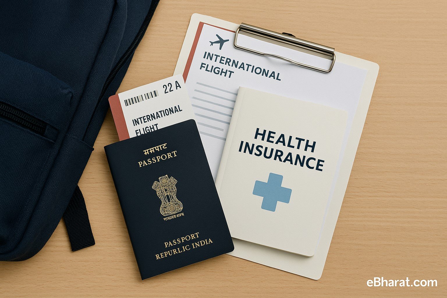 Travel insurance documents and passport on student desk