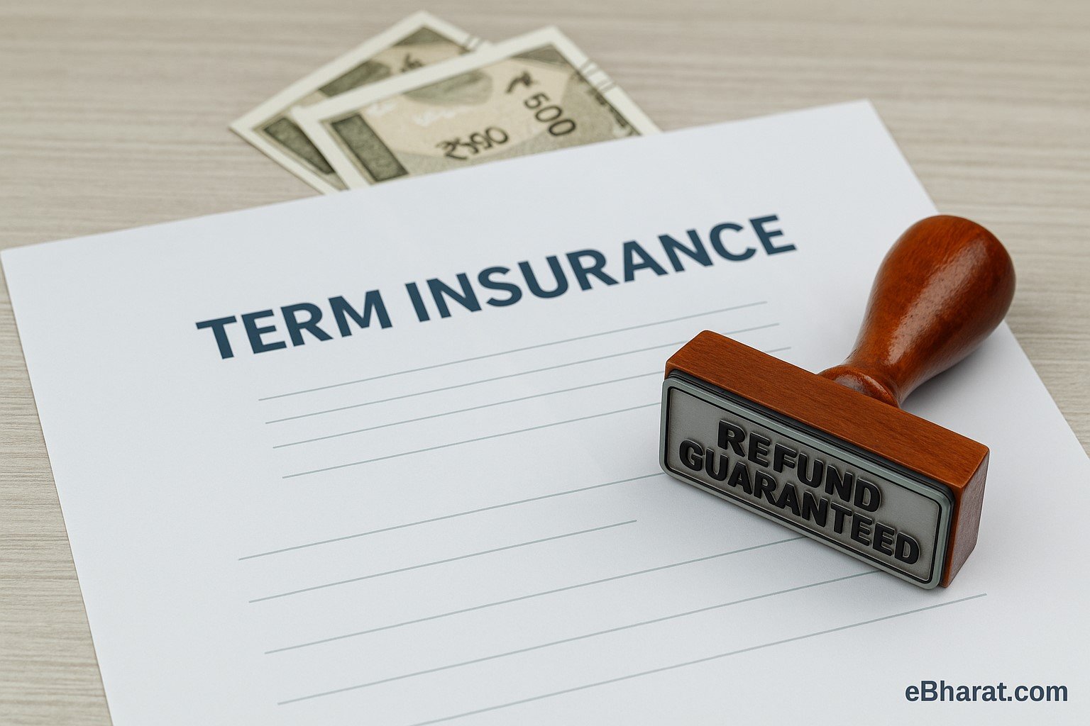 Term insurance paper with refund guarantee stamp and money