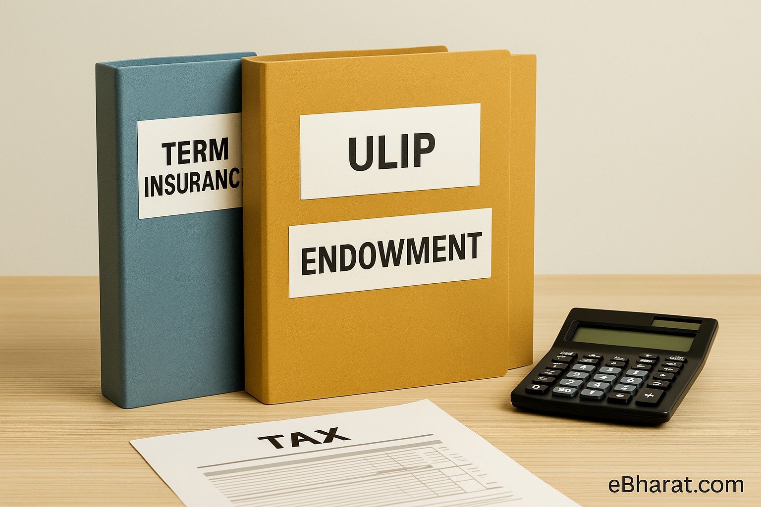Three insurance policy folders labeled Term, ULIP, and Endowment on a desk