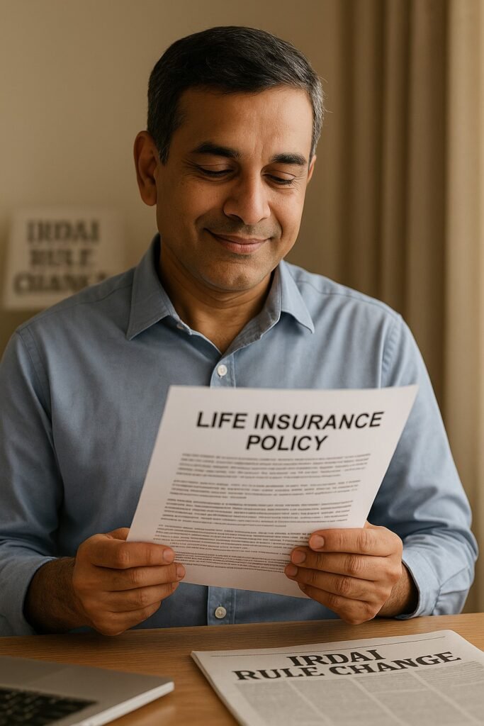 Indian man reading updated life insurance policy with IRDAI surrender rules — financial relief and clarity for policyholders.