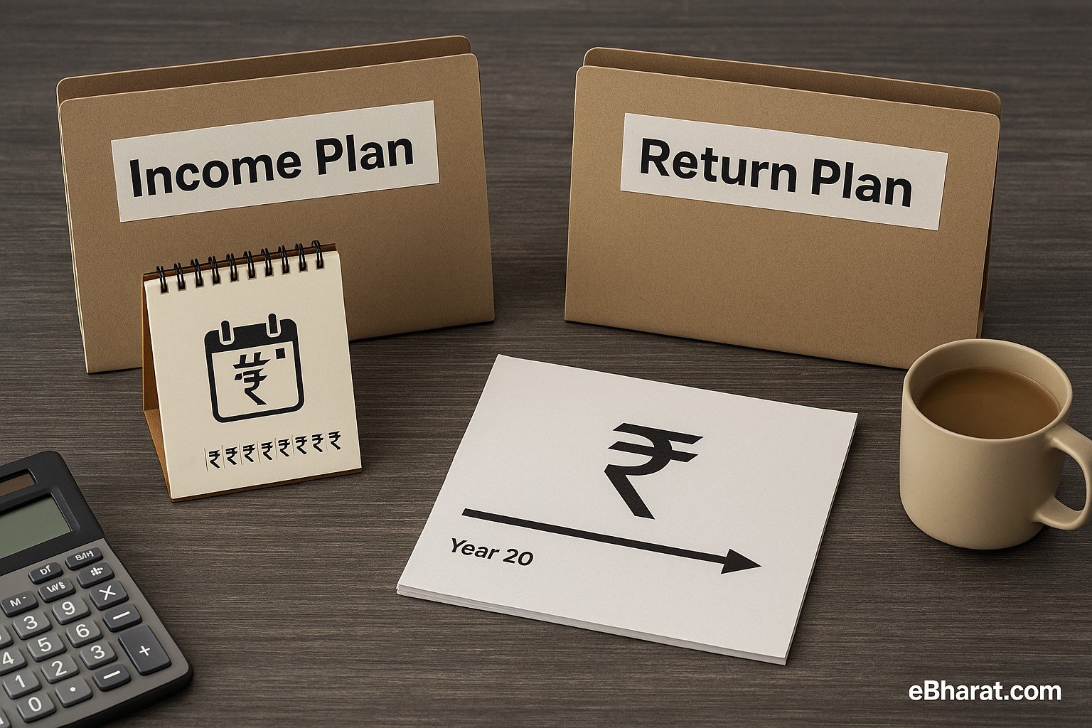 Infographic comparing monthly income insurance vs lump sum maturity return plan — payout style and suitability.