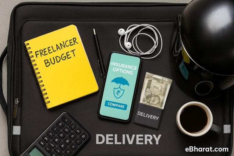 A top-down view of a smartphone showing an 'Insurance Options' app, placed beside a notepad labeled ‘Freelancer Budget’, a delivery bag with helmet, pen, and earphones — captured in a clean, urban workspace setup with no human faces.