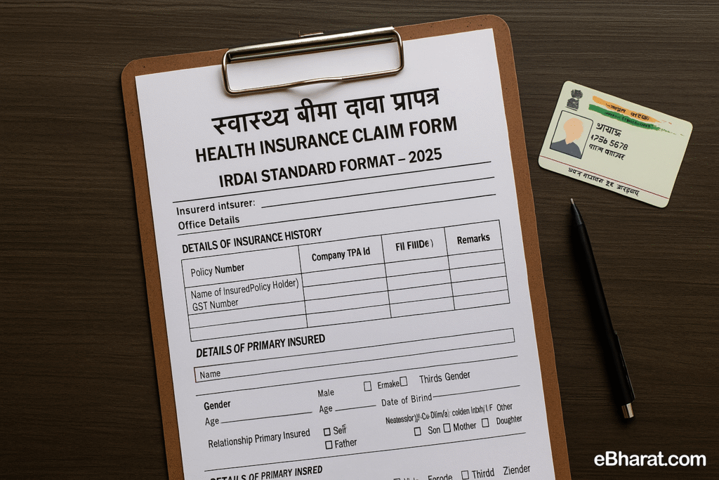 Standardized IRDAI health insurance claim form for 2025 — bilingual version with Aadhaar and pen on table.