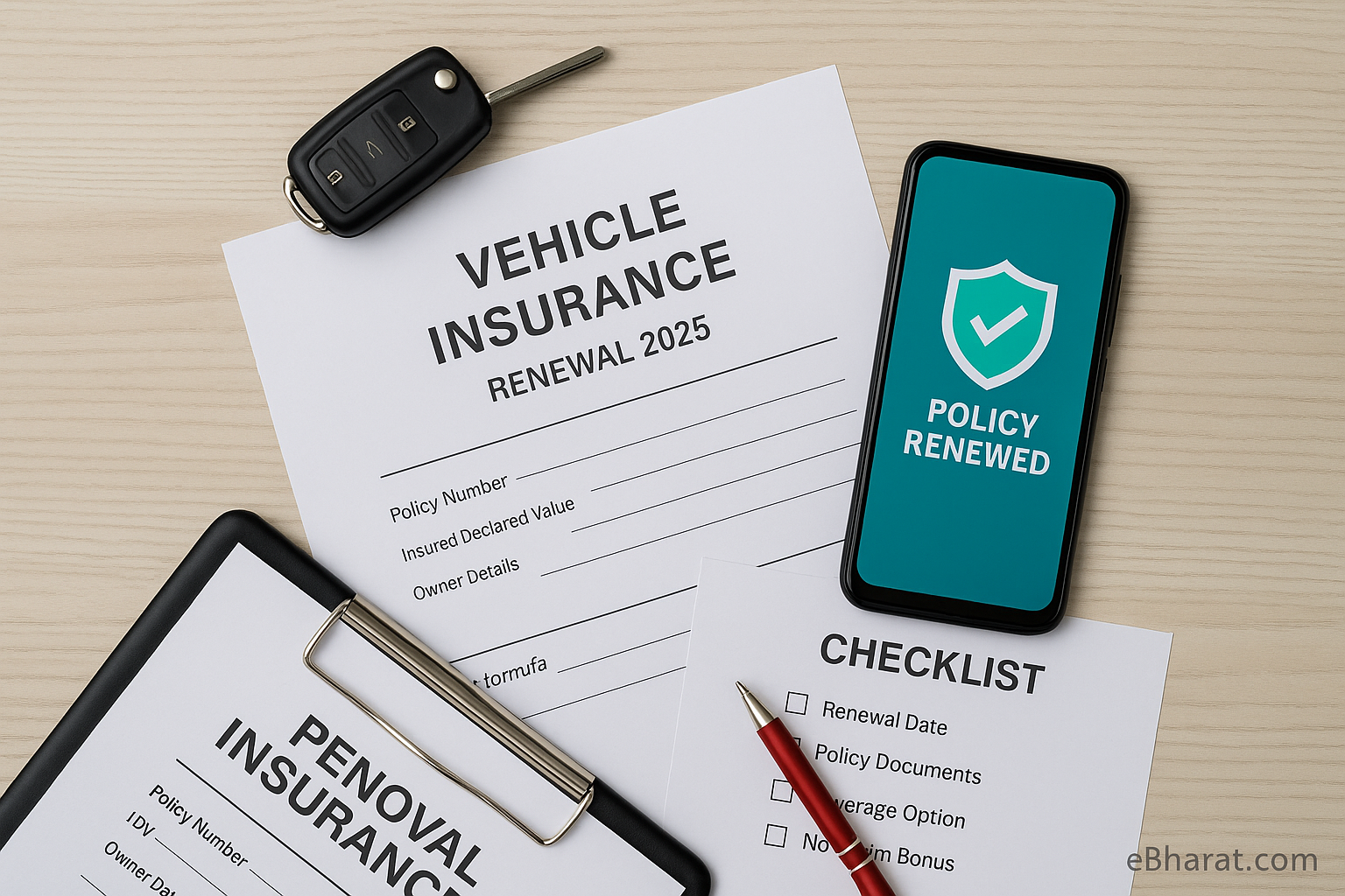 Vehicle insurance renewal setup with printed policy, car keys, and a checklist on a wooden desk — symbolizing timely renewal and document accuracy.