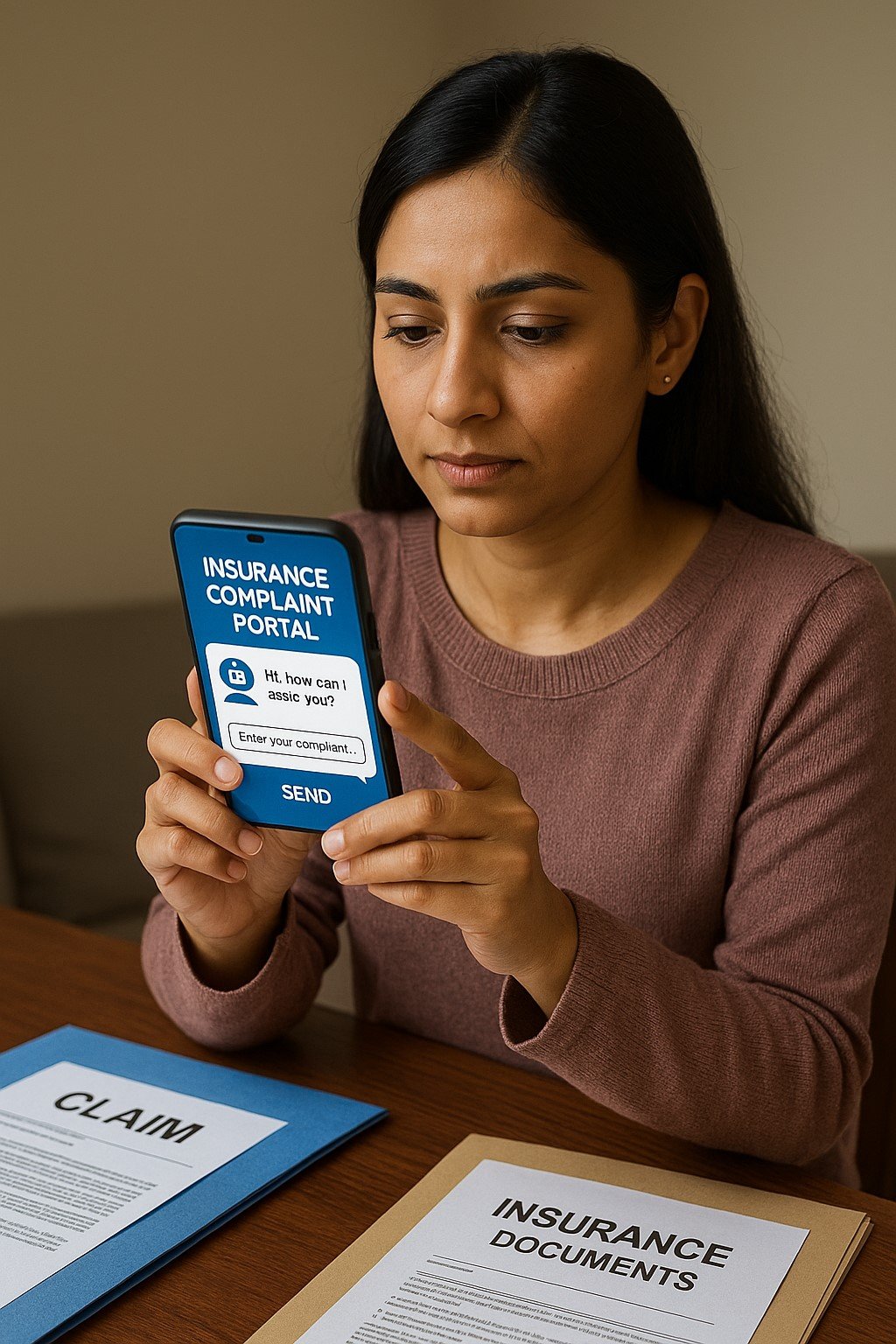 Indian woman filing a complaint through an AI-powered insurance grievance app — digital redressal for policyholders.