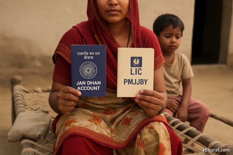 A rural Indian woman holding her Jan Dhan passbook and PMJJBY insurance folder, seated beside her child — symbolizing affordable life cover for low-income families.