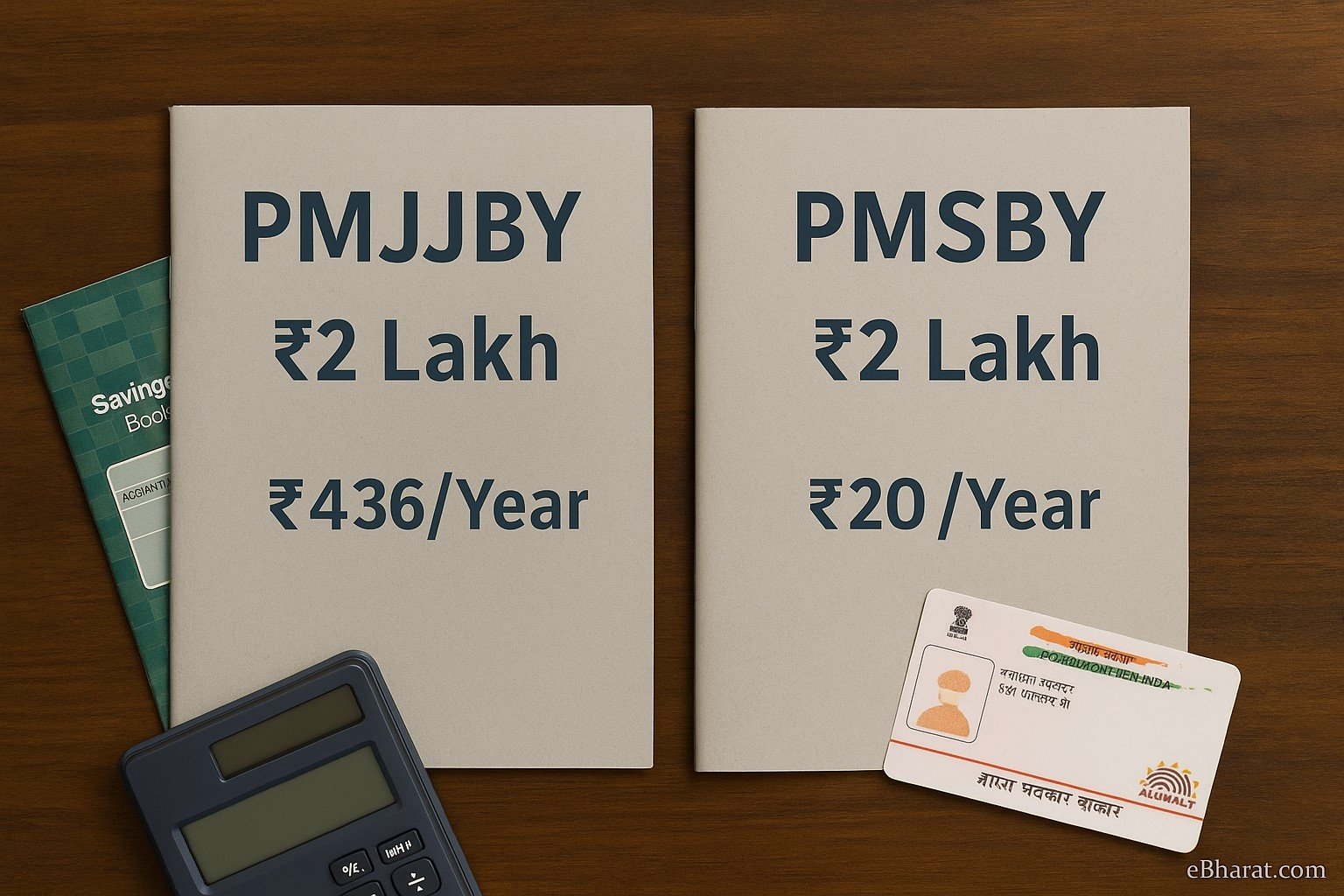 Two simple insurance folders labeled PMJJBY and PMSBY placed on a wooden table beside a bank passbook and Aadhaar card — representing India’s government-backed insurance schemes.