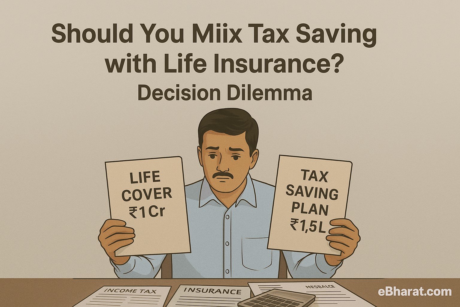 Indian man confused between tax-saving and insurance decisions — holding folders labeled Tax Plan and Life Cover.