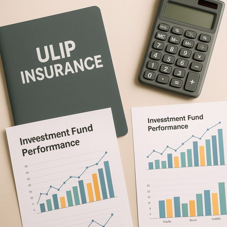 Top-down view of a ULIP (Unit Linked Insurance Plan) document alongside a calculator, bar charts showing fund performance, and a pen on a clean desk — softly lit, no human presence.