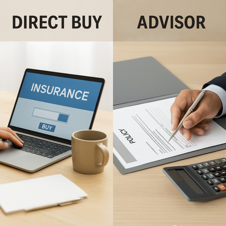 Visual comparison of buying insurance directly online vs through a human advisor — desks with documents and screens.