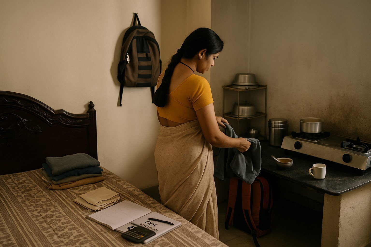 An Indian homemaker multitasking in a modest home — folding clothes, managing children’s school bags, and cooking — representing the invisible labor and irreplaceable role of a housewife.