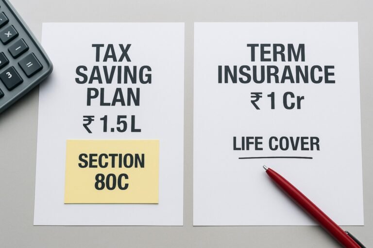 A visual comparison between a ₹1.5L tax-saving insurance document and a ₹1 crore term insurance policy — showing the difference between tax focus and true life protection.