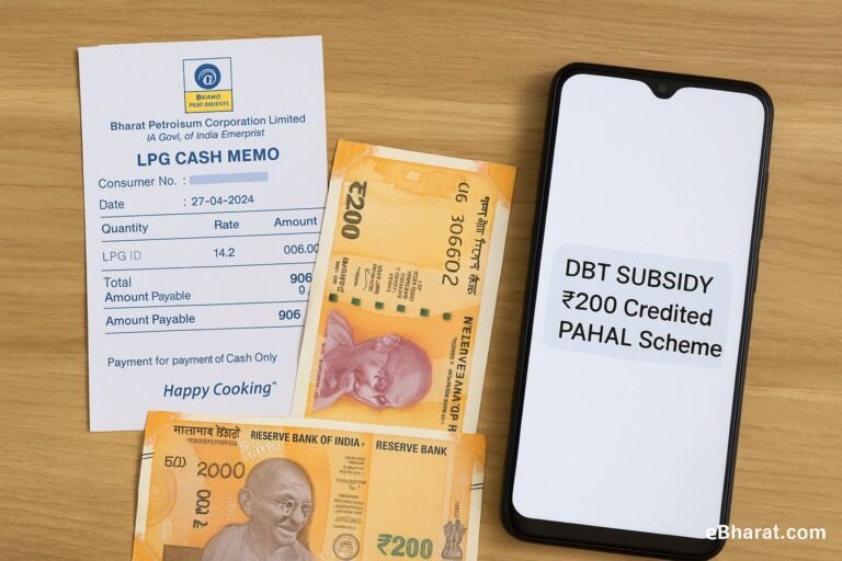 Printed LPG slip, ₹200 note, and DBT subsidy SMS on phone — tracking gas subsidy in India.