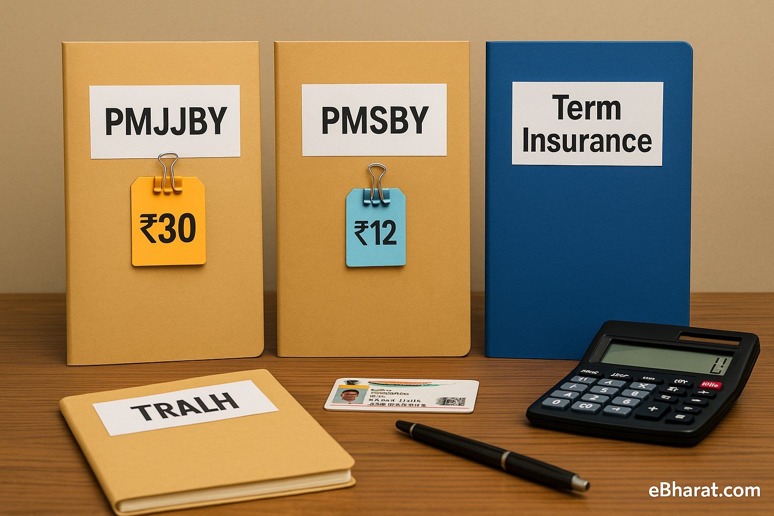 A top-down photograph showing three insurance folders labeled ‘PMJJBY’, ‘PMSBY’, and ‘Term Insurance’, placed on a clean desk. The PMJJBY folder shows ₹330, PMSBY shows ₹12, and the Term Insurance folder is paired with a calculator and Aadhaar card. The layout is neat, with no human presence. eBharat.com watermark is visible in the bottom-right corner.