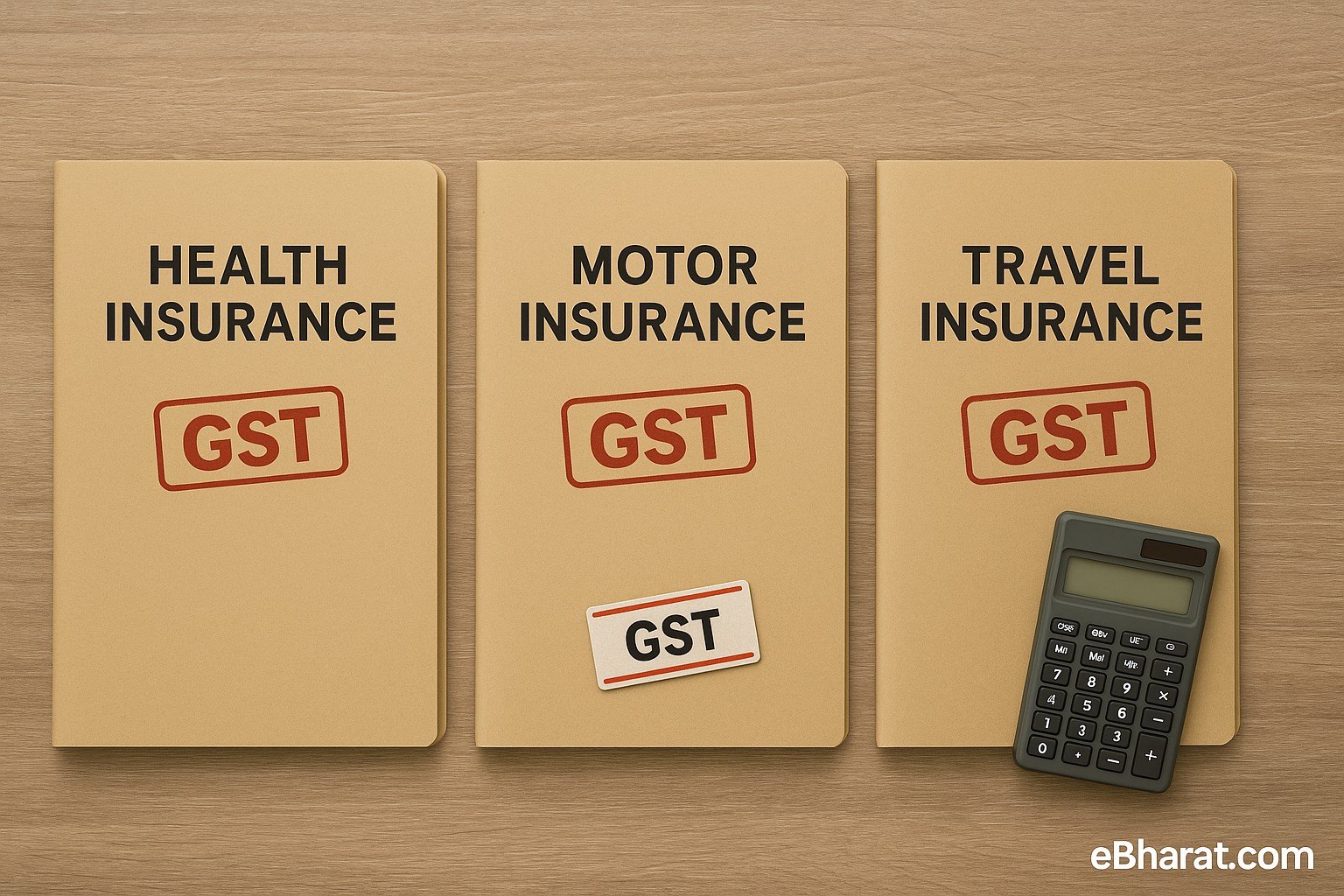 A calm tabletop scene showing three labeled insurance folders — Health, Motor, and Travel — each with a visible GST stamp and a calculator nearby. No human presence, muted tones, clean background,